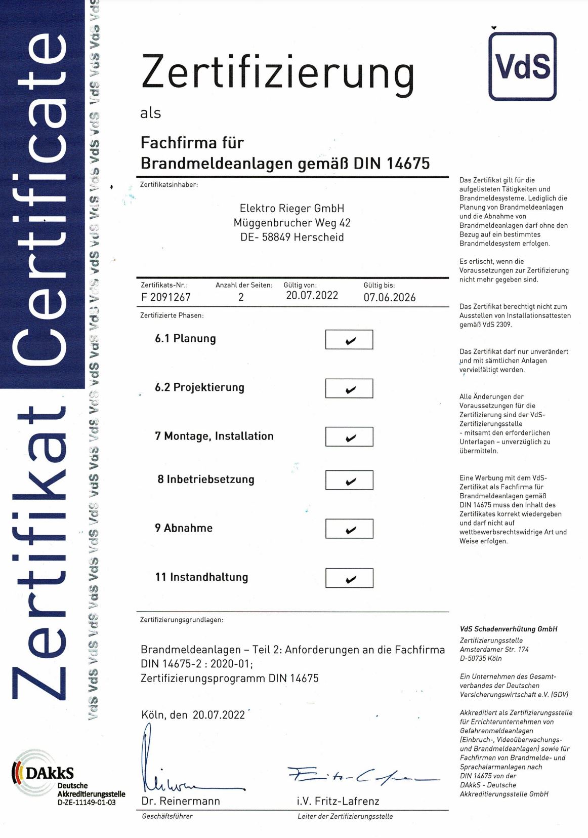 DIN 14675 Zertifikat Elektro Rieger  DIN 14675 Zertifizierung für Elektro Rieger: Teil 1 (2002-2026)