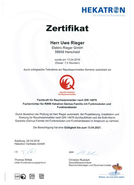 Hekatron Rauchwarnmelder Zertifikat Elektro Rieger  Zertifikat für Elektro Rieger als Facherrichter für Rauchwarnmelder (Hekatron)