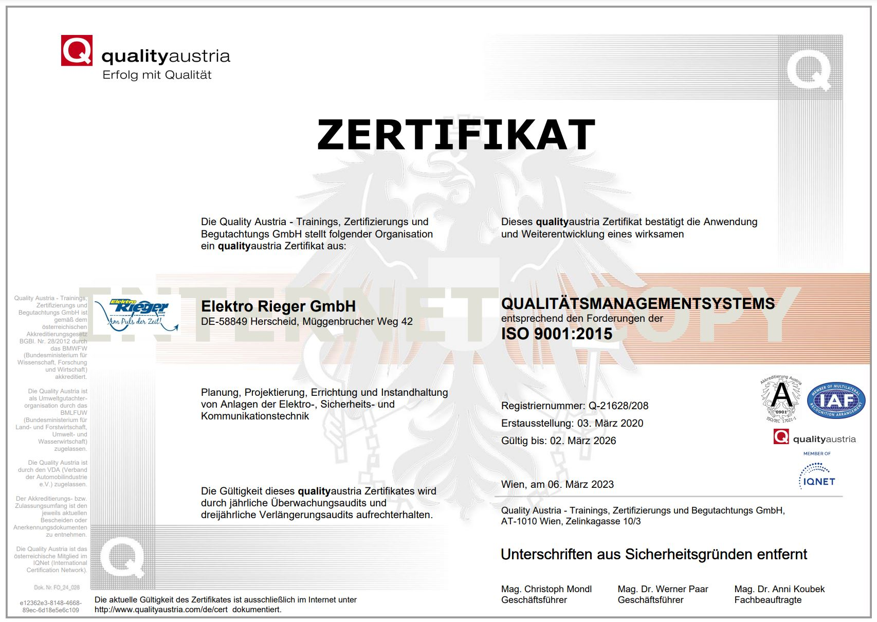 Quality Austria Zertifikat Elektro Rieger  Quality Austria Zertifikat von Elektro Rieger