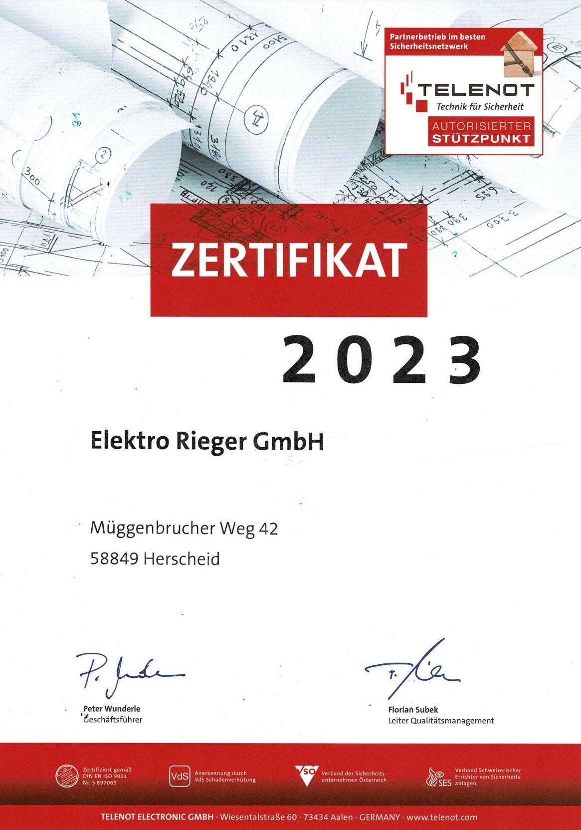 Telenot Zertifikat Elektro Rieger  Telenot Zertifikat für Elektro Rieger